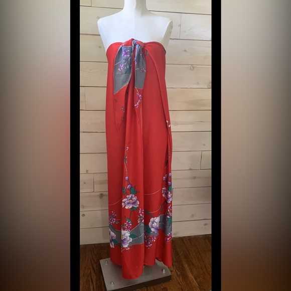 VTG 1970s NWT Deadstock Sand Pebble Hawaii Floral Maxi Wrap Sarong Dress Red - Picture 6 of 8